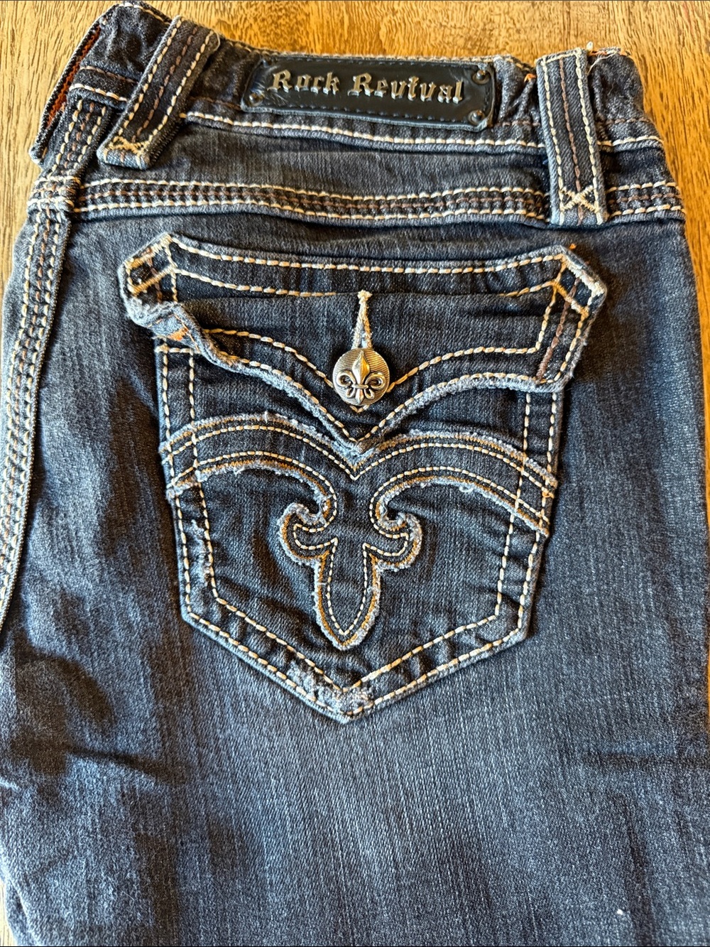Rock Revival Dark Blue Bootcut Jeans with Embroidered Fleur-de-Lis Pocket